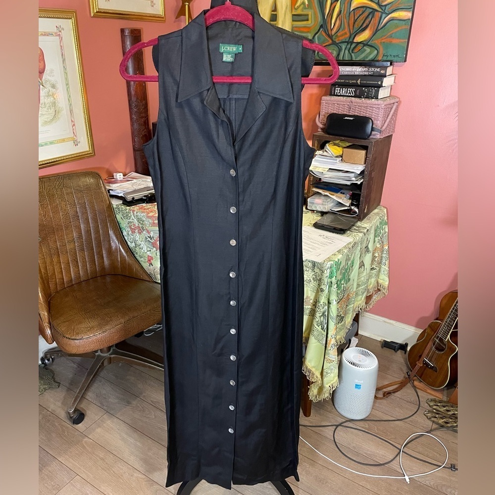 Vintage 90s J. Crew Black Linen Blend Button Down Collar Maxi Dress Size 4